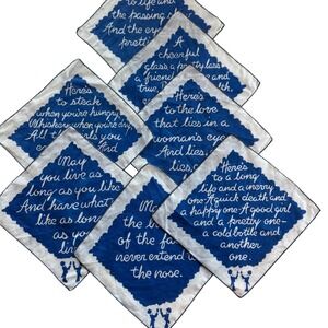 Vintage 1950s 1960s Cocktail Napkins Toast Sayings Blue White Set of 7 Barware